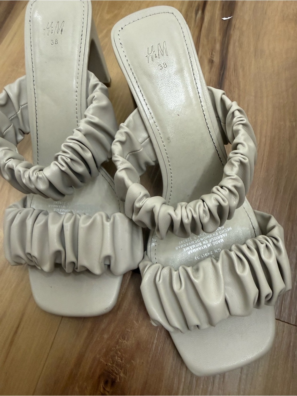 H&M Beige Ruched Double-Strap Block Heel Sandals
